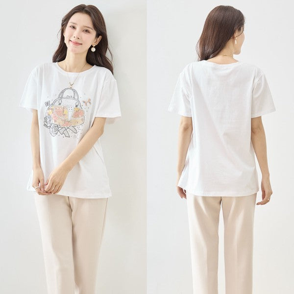 フラワー プリント Tシャツ 半袖 綿混 ストレッチ 涼しい トップス L-LL