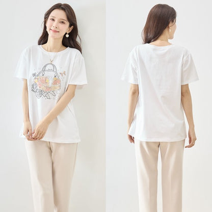 フラワー プリント Tシャツ 半袖 綿混 ストレッチ 涼しい トップス L-LL