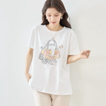 フラワー プリント Tシャツ 半袖 綿混 ストレッチ 涼しい トップス L-LL