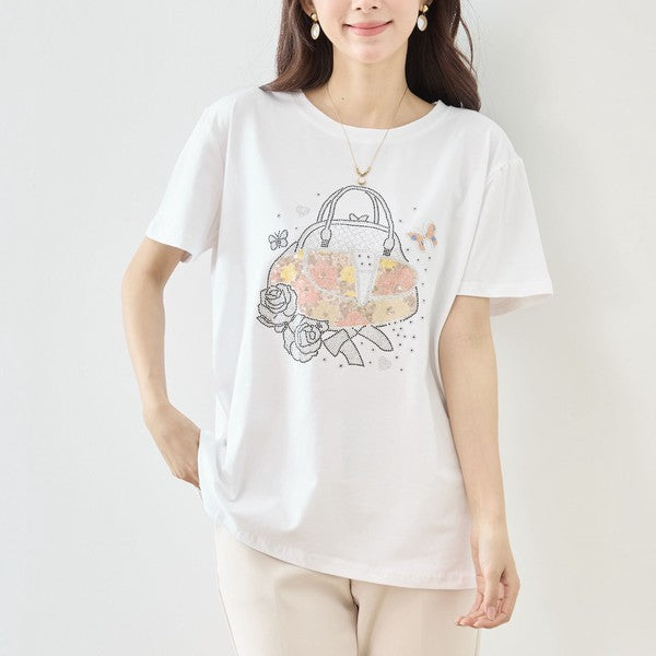 フラワー プリント Tシャツ 半袖 綿混 ストレッチ 涼しい トップス L-LL