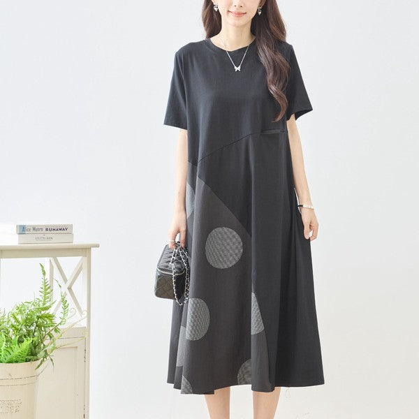 モノトーン 大ドット柄 切替 フレア ワンピース 半袖 ゆったり 体型カバー M-L