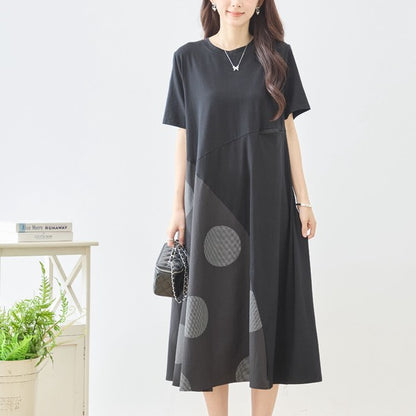 モノトーン 大ドット柄 切替 フレア ワンピース 半袖 ゆったり 体型カバー M-L