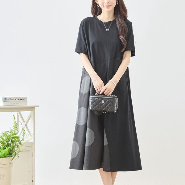 モノトーン 大ドット柄 切替 フレア ワンピース 半袖 ゆったり 体型カバー M-L