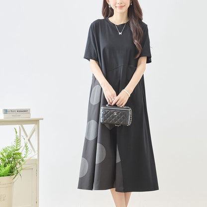 モノトーン 大ドット柄 切替 フレア ワンピース 半袖 ゆったり 体型カバー M-L