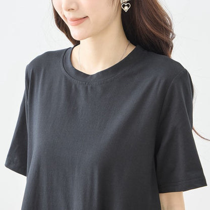 モノトーン 大ドット柄 切替 フレア ワンピース 半袖 ゆったり 体型カバー M-L