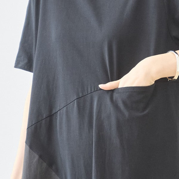 モノトーン 大ドット柄 切替 フレア ワンピース 半袖 ゆったり 体型カバー M-L