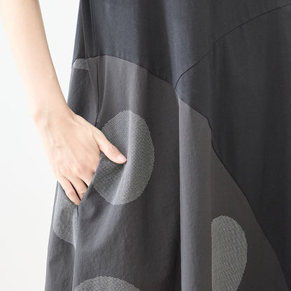 モノトーン 大ドット柄 切替 フレア ワンピース 半袖 ゆったり 体型カバー M-L