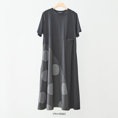 モノトーン 大ドット柄 切替 フレア ワンピース 半袖 ゆったり 体型カバー M-L