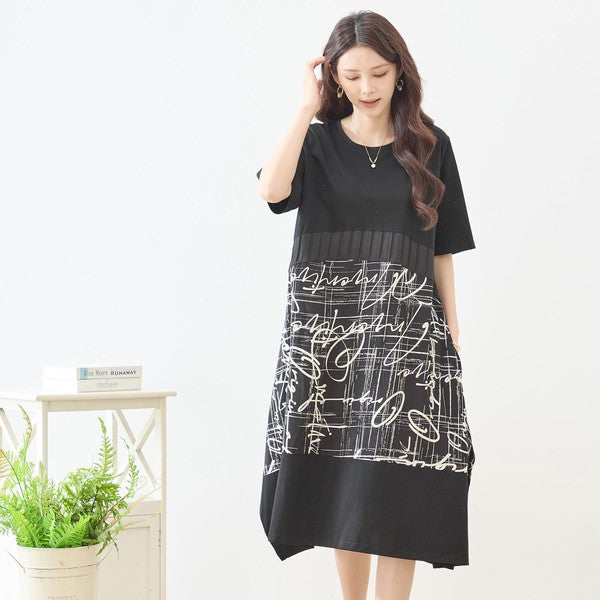 アートプリント 切替 ワンピース 半袖 綿混 ゆったり モード 体型カバー M-L
