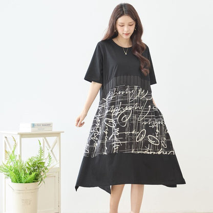アートプリント 切替 ワンピース 半袖 綿混 ゆったり モード 体型カバー M-L