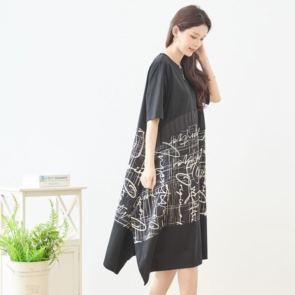 アートプリント 切替 ワンピース 半袖 綿混 ゆったり モード 体型カバー M-L
