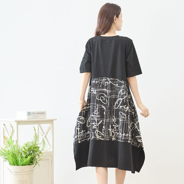 アートプリント 切替 ワンピース 半袖 綿混 ゆったり モード 体型カバー M-L