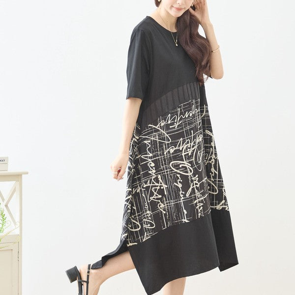 アートプリント 切替 ワンピース 半袖 綿混 ゆったり モード 体型カバー M-L