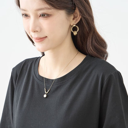 アートプリント 切替 ワンピース 半袖 綿混 ゆったり モード 体型カバー M-L