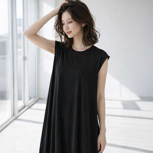 ノースリーブ フレアワンピース ロング丈 綿100 ゆったり 体型カバー 着痩せ M