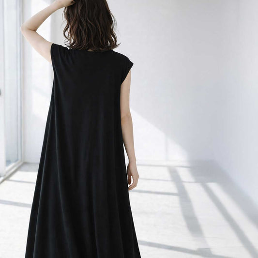 ノースリーブ フレアワンピース ロング丈 綿100 ゆったり 体型カバー 着痩せ M