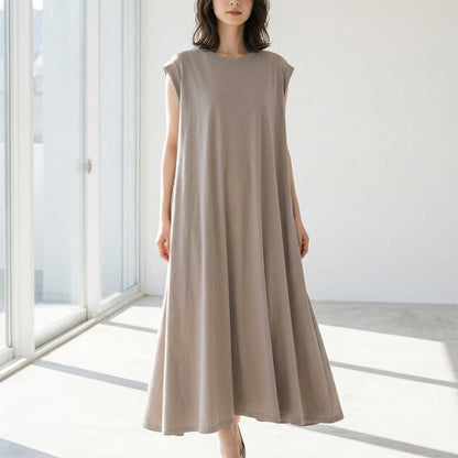 ノースリーブ フレアワンピース ロング丈 綿100 ゆったり 体型カバー 着痩せ M