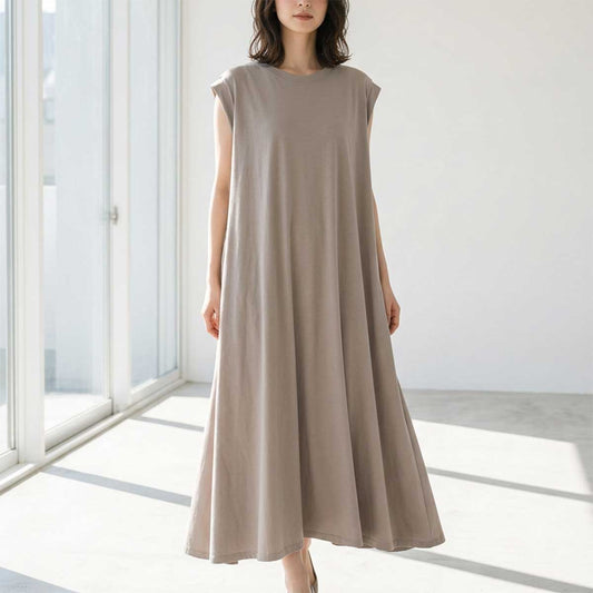 ノースリーブ フレアワンピース ロング丈 綿100 ゆったり 体型カバー 着痩せ M