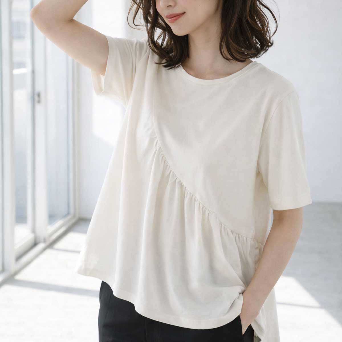 アシンメトリー 切替 フレア カットソー Tシャツ 半袖 綿100 ゆったり 着痩せ M
