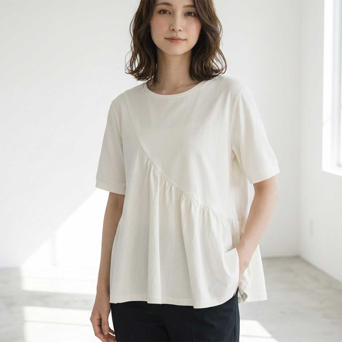 アシンメトリー 切替 フレア カットソー Tシャツ 半袖 綿100 ゆったり 着痩せ M