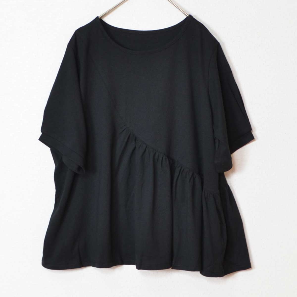 アシンメトリー 切替 フレア カットソー Tシャツ 半袖 綿100 ゆったり 着痩せ M
