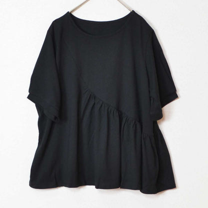 アシンメトリー 切替 フレア カットソー Tシャツ 半袖 綿100 ゆったり 着痩せ M
