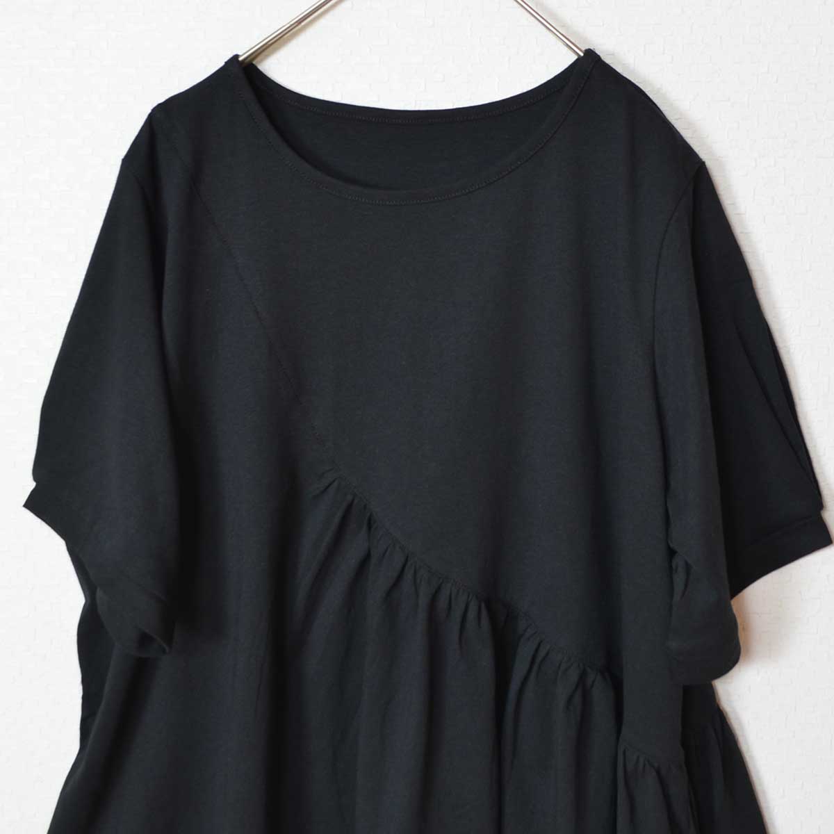 アシンメトリー 切替 フレア カットソー Tシャツ 半袖 綿100 ゆったり 着痩せ M