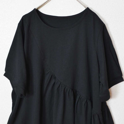 アシンメトリー 切替 フレア カットソー Tシャツ 半袖 綿100 ゆったり 着痩せ M