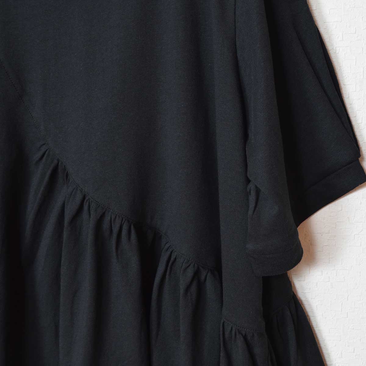 アシンメトリー 切替 フレア カットソー Tシャツ 半袖 綿100 ゆったり 着痩せ M