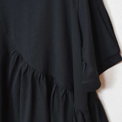 アシンメトリー 切替 フレア カットソー Tシャツ 半袖 綿100 ゆったり 着痩せ M