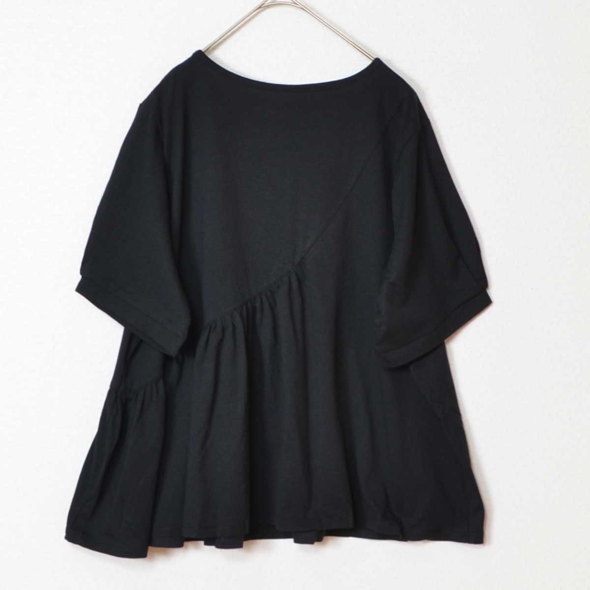 アシンメトリー 切替 フレア カットソー Tシャツ 半袖 綿100 ゆったり 着痩せ M
