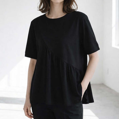 アシンメトリー 切替 フレア カットソー Tシャツ 半袖 綿100 ゆったり 着痩せ M