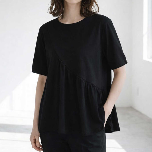 アシンメトリー 切替 フレア カットソー Tシャツ 半袖 綿100 ゆったり 着痩せ M