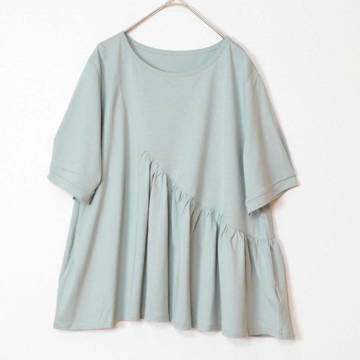 アシンメトリー 切替 フレア カットソー Tシャツ 半袖 綿100 ゆったり 着痩せ M