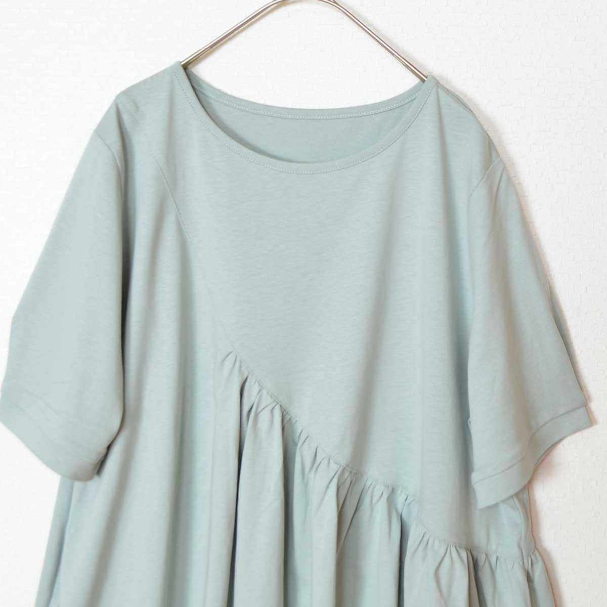 アシンメトリー 切替 フレア カットソー Tシャツ 半袖 綿100 ゆったり 着痩せ M