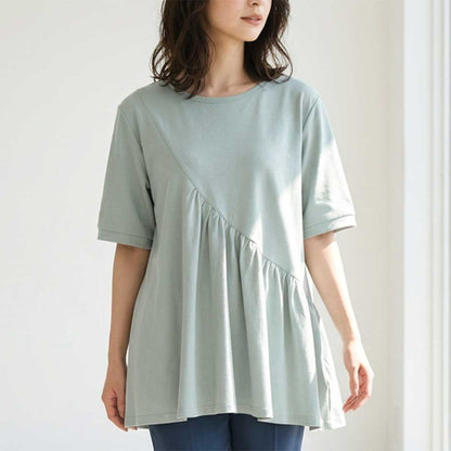アシンメトリー 切替 フレア カットソー Tシャツ 半袖 綿100 ゆったり 着痩せ M