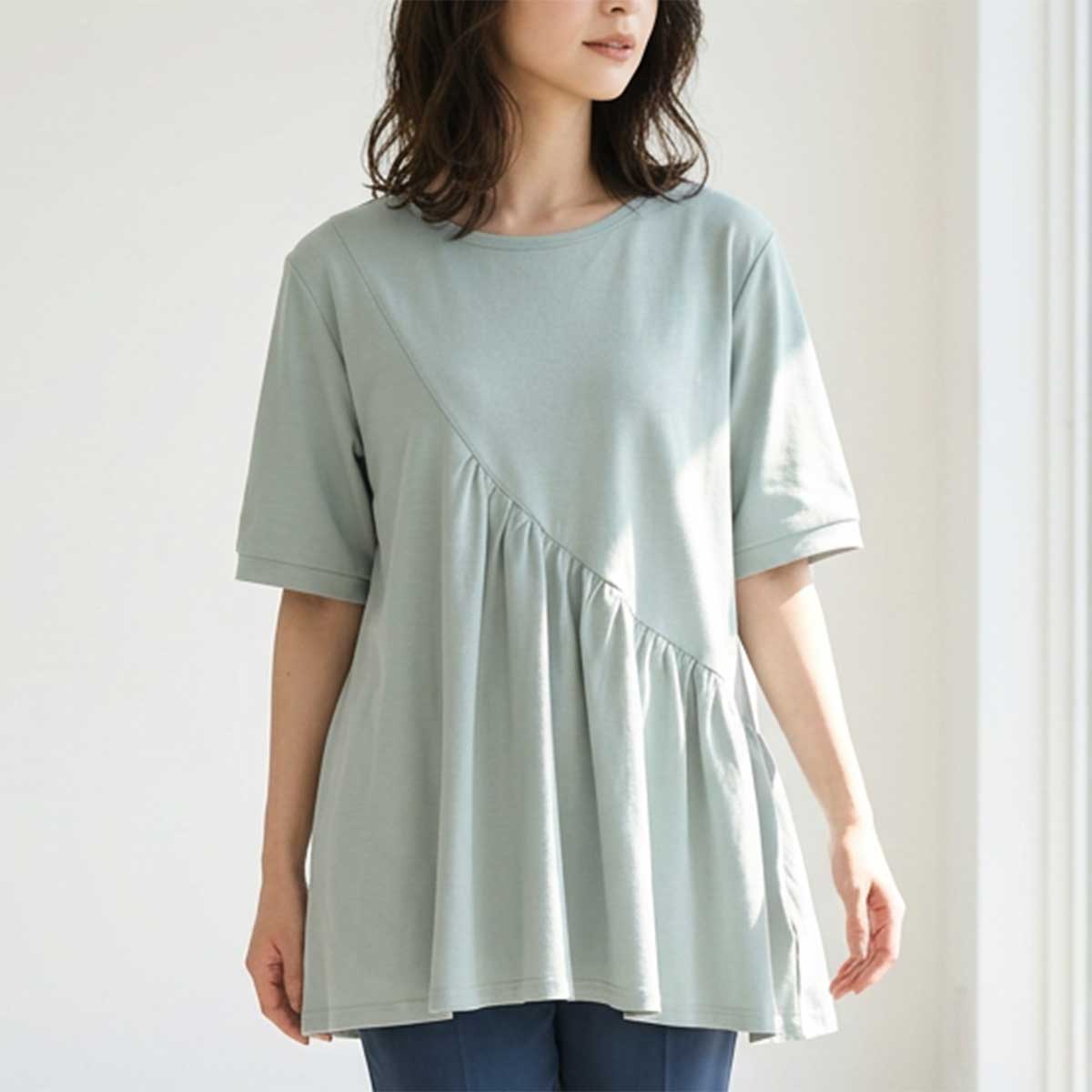 アシンメトリー 切替 フレア カットソー Tシャツ 半袖 綿100 ゆったり 着痩せ M