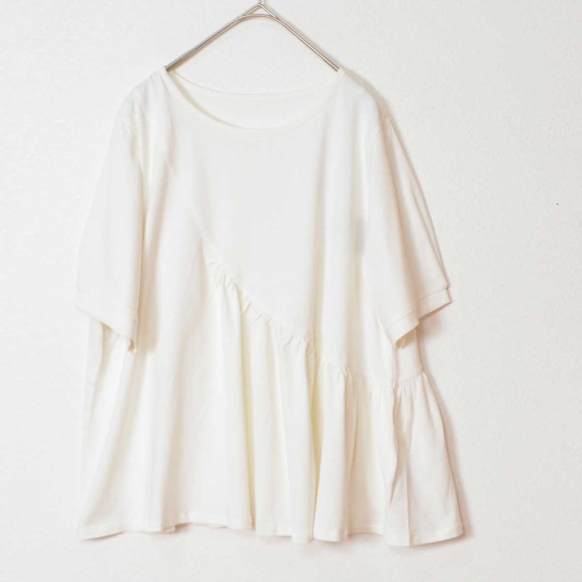 アシンメトリー 切替 フレア カットソー Tシャツ 半袖 綿100 ゆったり 着痩せ M
