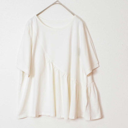 アシンメトリー 切替 フレア カットソー Tシャツ 半袖 綿100 ゆったり 着痩せ M