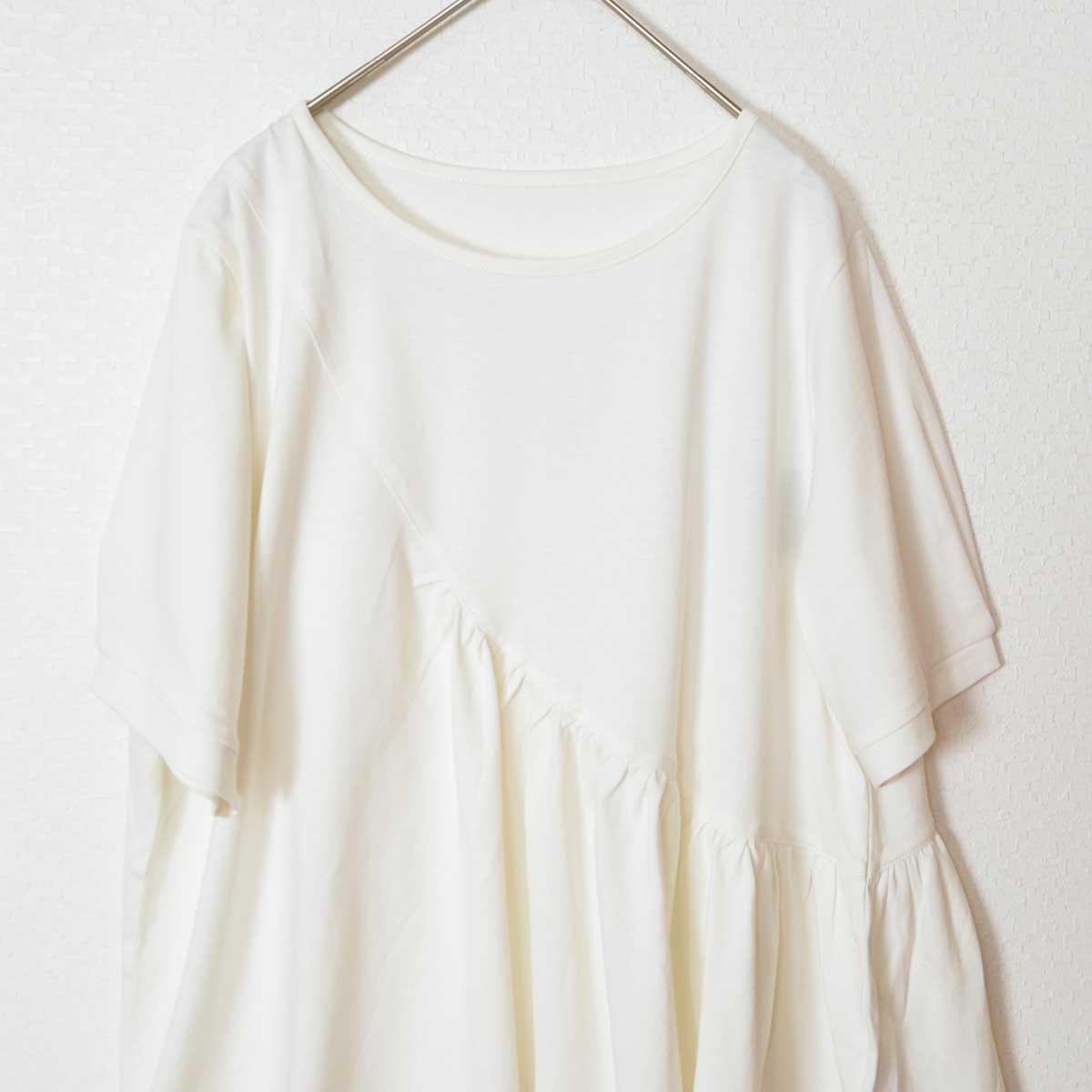 アシンメトリー 切替 フレア カットソー Tシャツ 半袖 綿100 ゆったり 着痩せ M