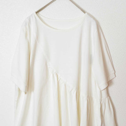 アシンメトリー 切替 フレア カットソー Tシャツ 半袖 綿100 ゆったり 着痩せ M