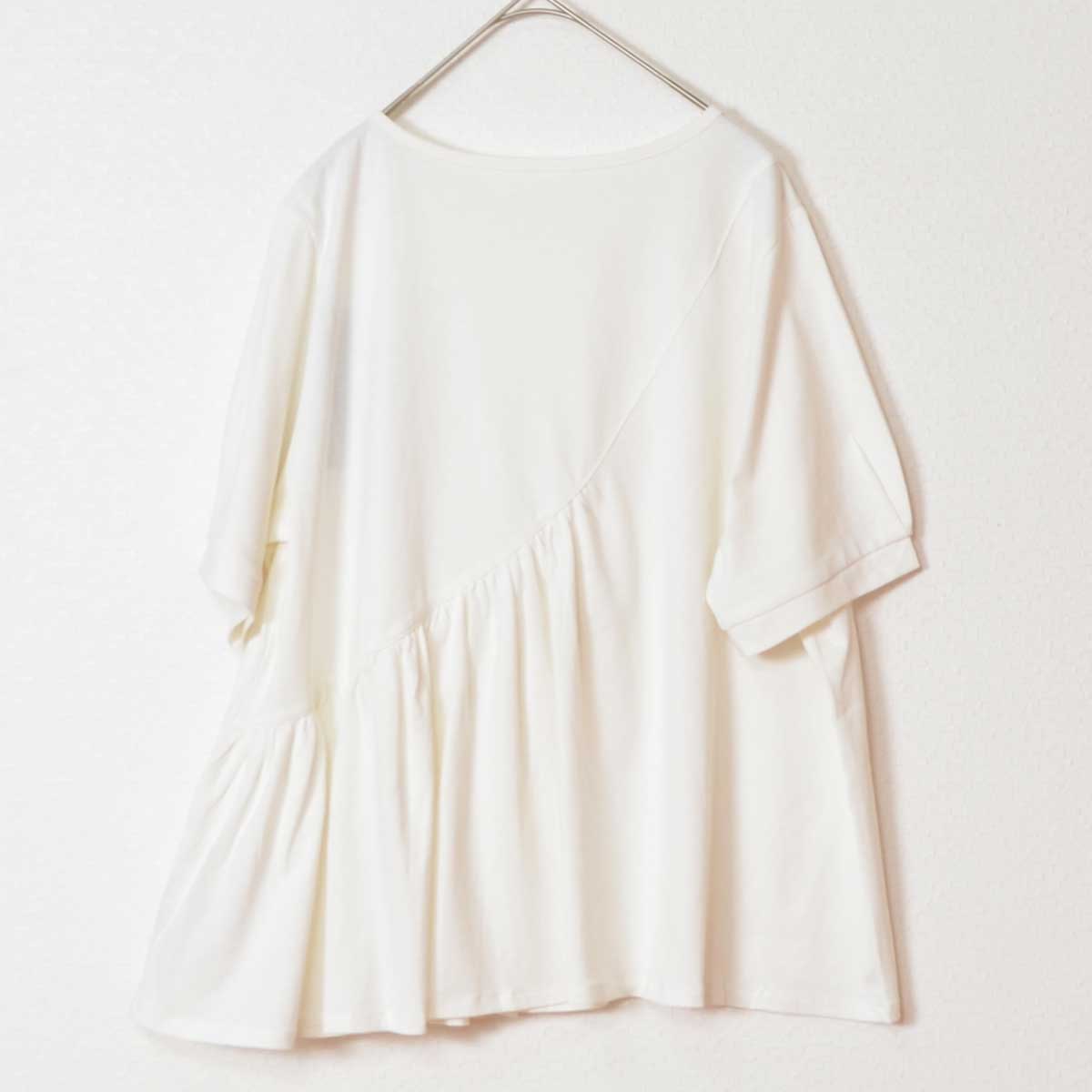 アシンメトリー 切替 フレア カットソー Tシャツ 半袖 綿100 ゆったり 着痩せ M