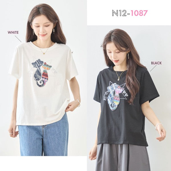 ラインストーン 猫 モチーフ デコ Tシャツ 半袖 ゆったり 体型カバー L-LL