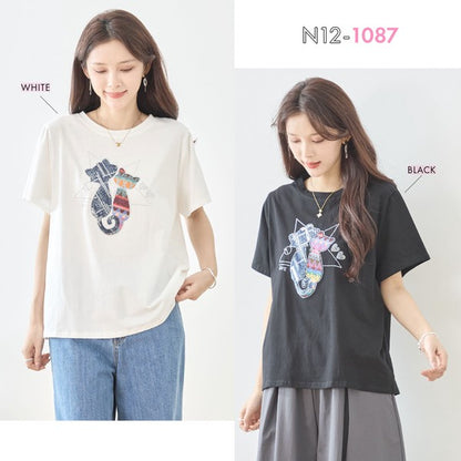 ラインストーン 猫 モチーフ デコ Tシャツ 半袖 ゆったり 体型カバー L-LL