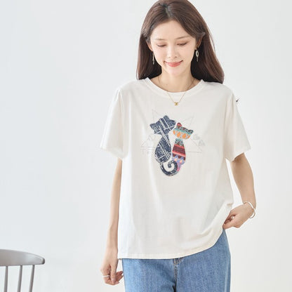 ラインストーン 猫 モチーフ デコ Tシャツ 半袖 ゆったり 体型カバー L-LL