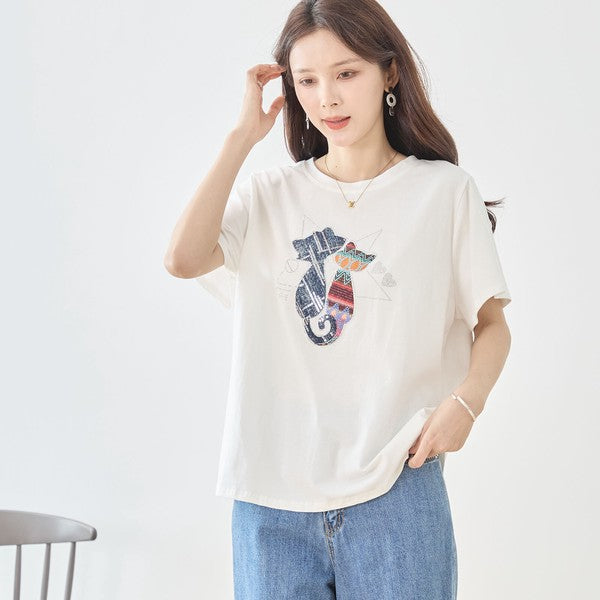 ラインストーン 猫 モチーフ デコ Tシャツ 半袖 ゆったり 体型カバー L-LL