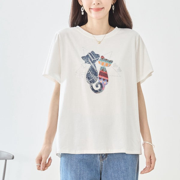 ラインストーン 猫 モチーフ デコ Tシャツ 半袖 ゆったり 体型カバー L-LL