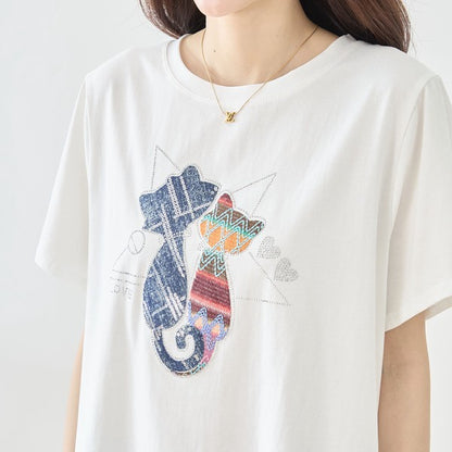 ラインストーン 猫 モチーフ デコ Tシャツ 半袖 ゆったり 体型カバー L-LL
