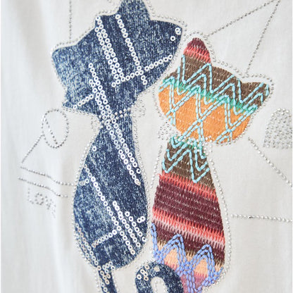 ラインストーン 猫 モチーフ デコ Tシャツ 半袖 ゆったり 体型カバー L-LL