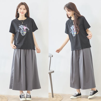 ラインストーン 猫 モチーフ デコ Tシャツ 半袖 ゆったり 体型カバー L-LL